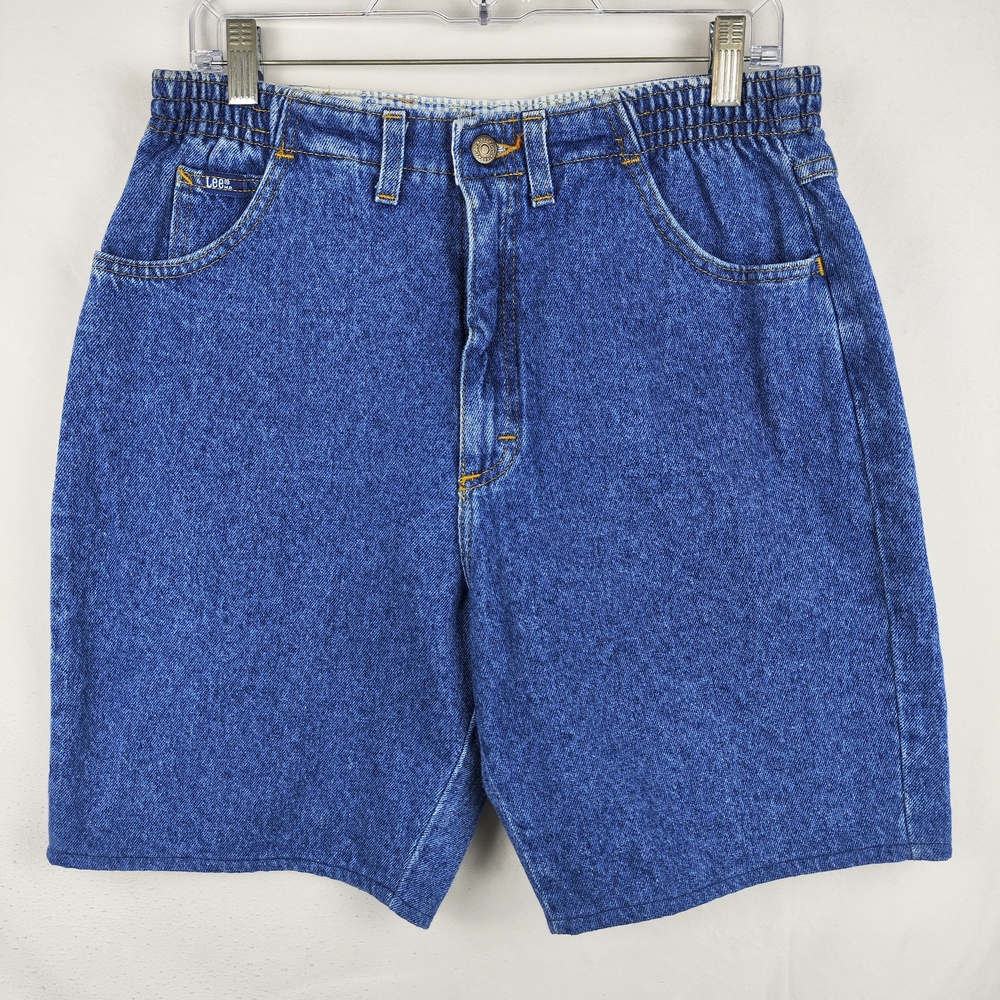 Vintage Lee Bermuda Shorts Womens Petite 12P Blue Denim 7 Inseam Elastic Waist